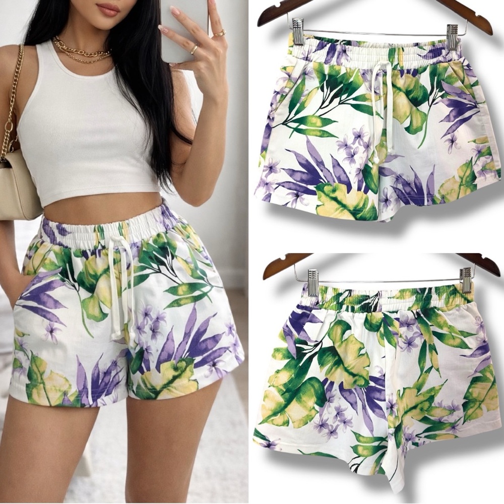 Beekool | EUC White Green Purple Tropical Floral Drawstring Shorts (size M)
